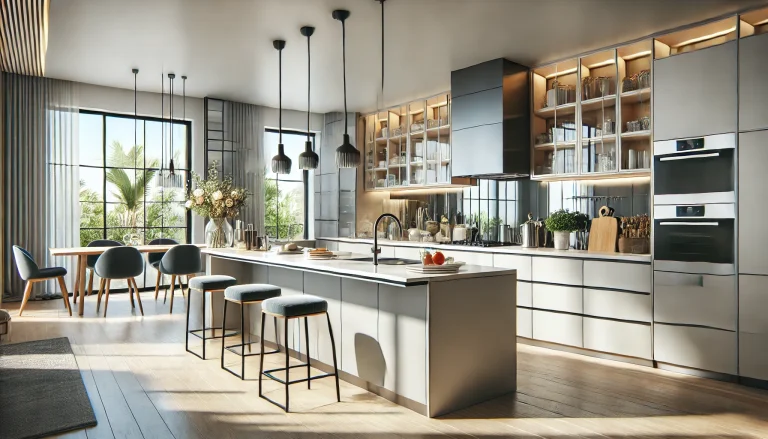 Kitchen Interior Design: Creating a Stylish and Functional Cooking Space." It beautifully represents a modern, sleek kitchen interior that combines style and practicality.