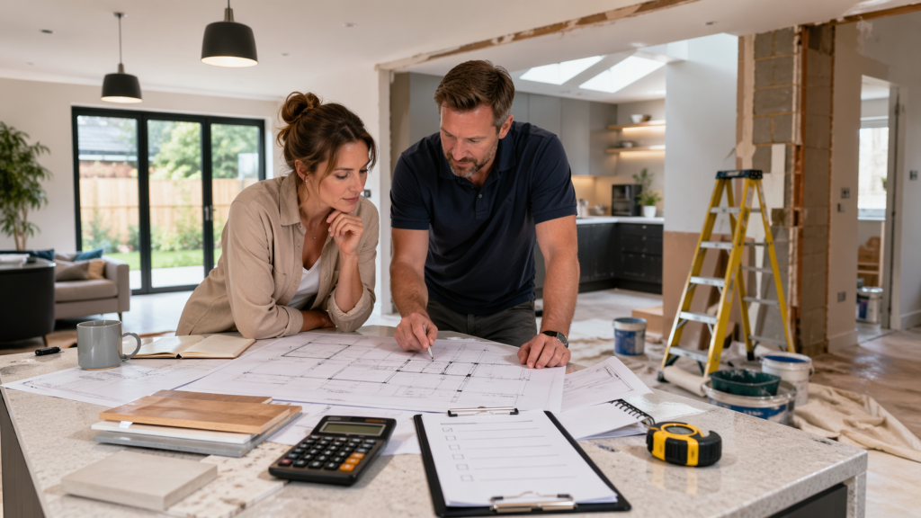 Homeowner and contractor reviewing renovation plans during a home refurbishment to avoid common home renovation mistakes.
