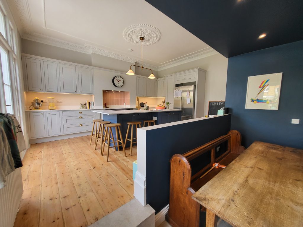 Open plan kitchen extension with island and dining area in a Victorian house refurbishment in Camberwell SE5