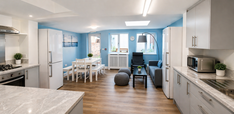 Open-plan kitchen extension and loft conversion HMO project in Islington at Kingsdown Road N19 with modern fitted kitchen and dining area